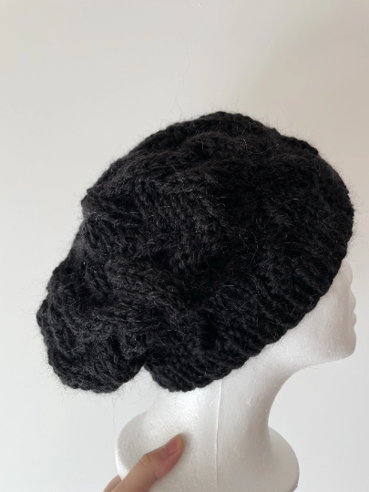 Handknit Cable Slouchy Beanie | Knit Beret | Slouchy Hat in black colour| Knit beanie fluffy alpaca cozy winter hat - TuttyKnitty