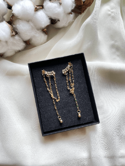 Gold chain glittering star earrings| Golden diamante dangle earrings | Statement earrings | Celestial crystal bead chain jacket earrings - TuttyKnitty