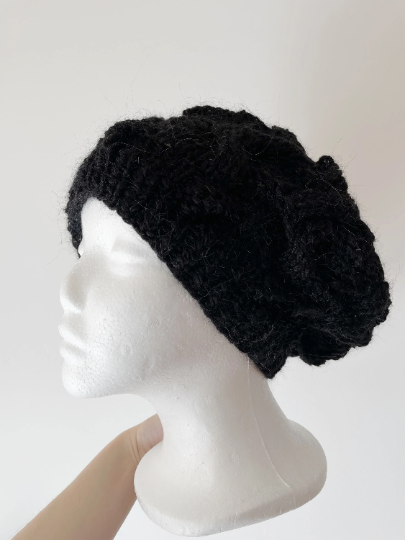 Handknit Cable Slouchy Beanie | Knit Beret | Slouchy Hat in black colour| Knit beanie fluffy alpaca cozy winter hat - TuttyKnitty