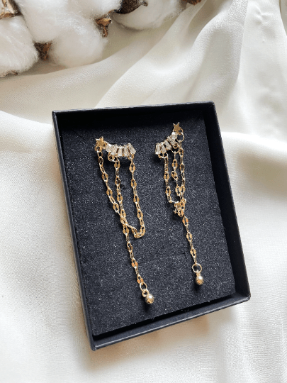 Gold chain glittering star earrings| Golden diamante dangle earrings | Statement earrings | Celestial crystal bead chain jacket earrings - TuttyKnitty