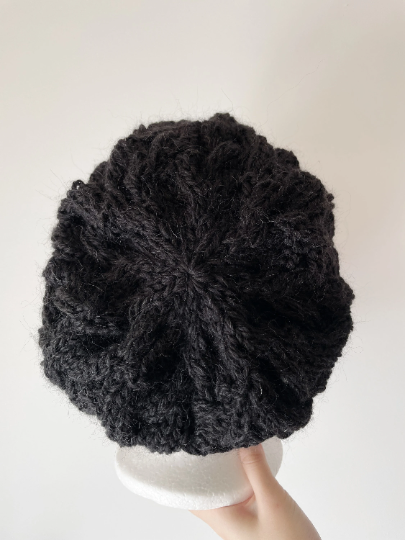 Handknit Cable Slouchy Beanie | Knit Beret | Slouchy Hat in black colour| Knit beanie fluffy alpaca cozy winter hat - TuttyKnitty