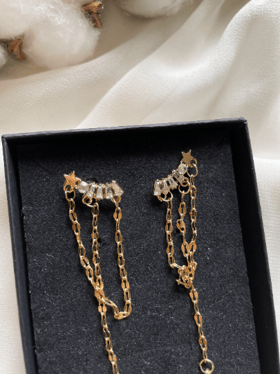 Gold chain glittering star earrings| Golden diamante dangle earrings | Statement earrings | Celestial crystal bead chain jacket earrings - TuttyKnitty