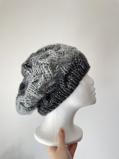 Handknit Cable Beanie | Knit Beret | Slouchy Hat in ombre grey and black | Knit beanie in monochrome tonal | Fluffy and cozy winter hat