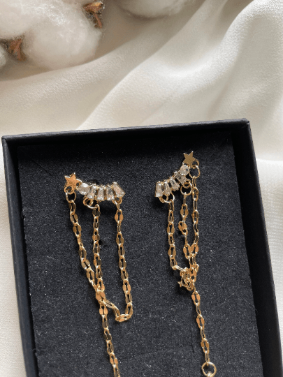 Gold chain glittering star earrings| Golden diamante dangle earrings | Statement earrings | Celestial crystal bead chain jacket earrings - TuttyKnitty