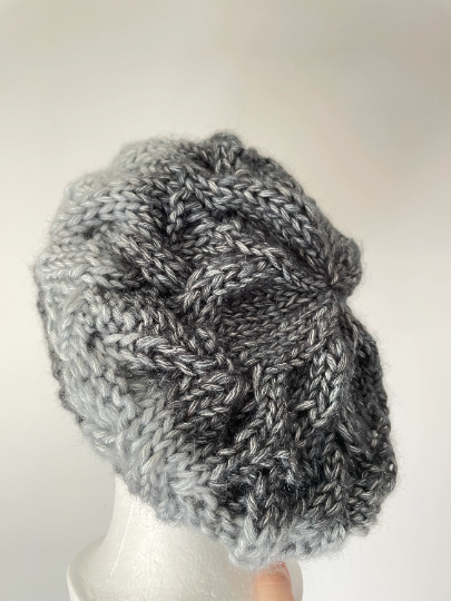 Handknit Cable Beanie | Knit Beret | Slouchy Hat in ombre grey and black | Knit beanie in monochrome tonal | Fluffy and cozy winter hat - TuttyKnitty