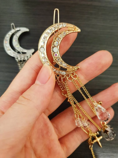 Silver or gold moon hair clip with crystal beads | Celestial diamante barrette clips| korean hair accessories| rhinestones chain hair clip - TuttyKnitty