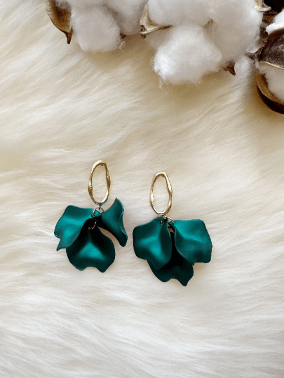 Emerald green iridescent flower earrings |dangly earrings | frosted petals hoop statement earrings | unique gold geometric floral earrings - TuttyKnitty