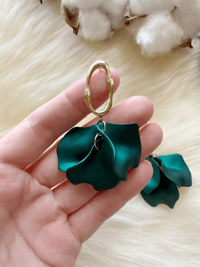 Emerald green iridescent flower earrings |dangly earrings | frosted petals hoop statement earrings | unique gold geometric floral earrings - TuttyKnitty