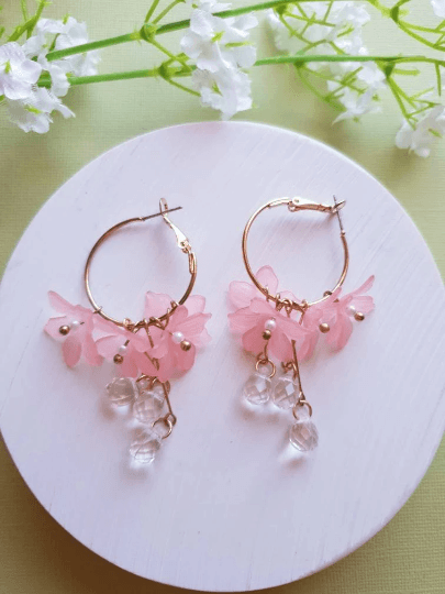 Pink daisy with clear beads earrings