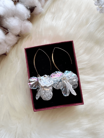 Colourful iridescent flower earrings | gold pearlescent shell petals dangle earrings |unique floral earrings | bridal party wedding earrings - TuttyKnitty