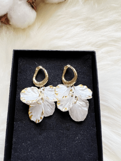 Colourful iridescent flower earrings | gold pearlescent shell petals dangle earrings |unique floral earrings | bridal party wedding earrings - TuttyKnitty