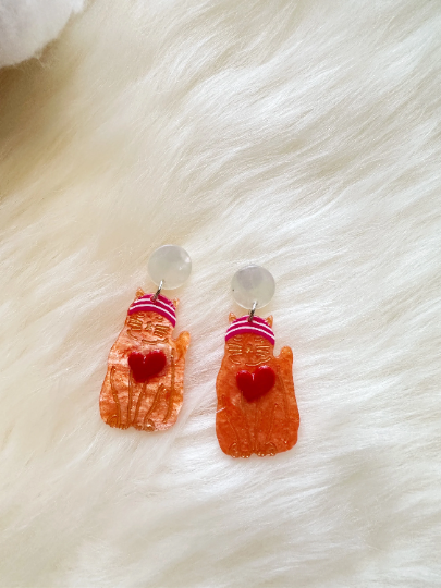 Orange cat earrings | tortoiseshell naughty playful kitten earrings | acetate earrings | modern retro earrings | car lover earrings - TuttyKnitty