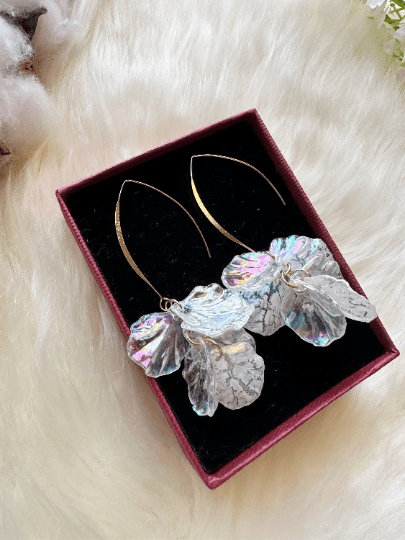 Colourful iridescent flower earrings | gold pearlescent shell petals dangle earrings |unique floral earrings | bridal party wedding earrings - TuttyKnitty