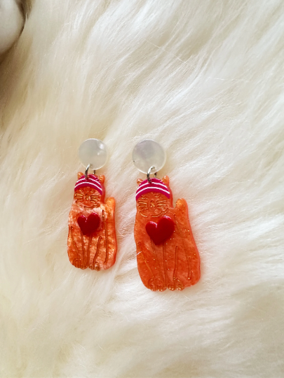 Orange cat earrings | tortoiseshell naughty playful kitten earrings | acetate earrings | modern retro earrings | car lover earrings - TuttyKnitty