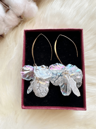 Colourful iridescent flower earrings | gold pearlescent shell petals dangle earrings |unique floral earrings | bridal party wedding earrings - TuttyKnitty