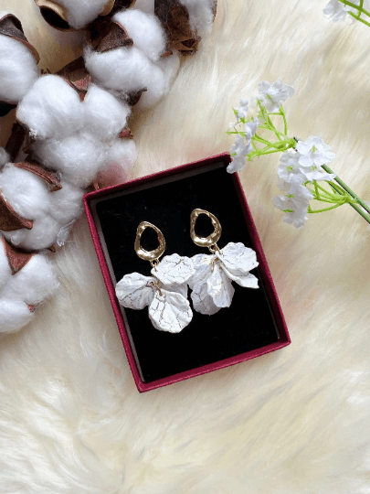 Golden hoop white iridescent pearl white petals earrings 