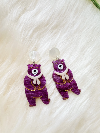 Purple bear acetate earrings | colourful glitter stud dangle | Kawaii drop sweet earrings | fun art acrylic earrings - TuttyKnitty