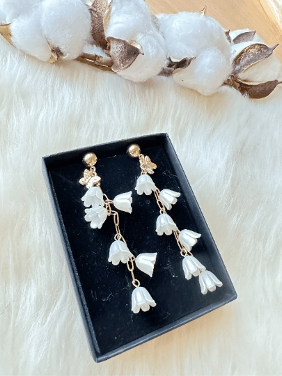 Lily of the valley flowers dangle earrings | texture petals embossed pearl | minimalist earrings | matte pastel colour floral earrings - TuttyKnitty