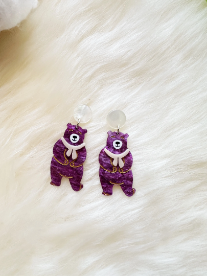 Purple bear acetate earrings | colourful glitter stud dangle | Kawaii drop sweet earrings | fun art acrylic earrings - TuttyKnitty