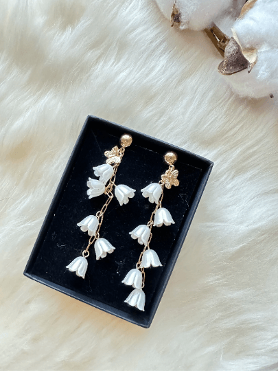 Lily of the valley flowers dangle earrings | texture petals embossed pearl | minimalist earrings | matte pastel colour floral earrings - TuttyKnitty