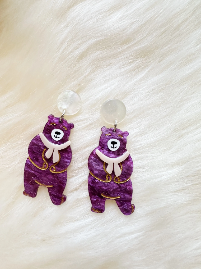 Purple bear acetate earrings | colourful glitter stud dangle | Kawaii drop sweet earrings | fun art acrylic earrings - TuttyKnitty