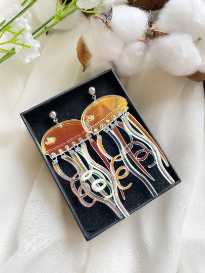 Jellyfish earrings | sea creature zoology earrings | colourful clear iridescent dangle oversize earrings | halgoram fun earrings