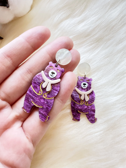 Purple bear acetate earrings | colourful glitter stud dangle | Kawaii drop sweet earrings | fun art acrylic earrings - TuttyKnitty