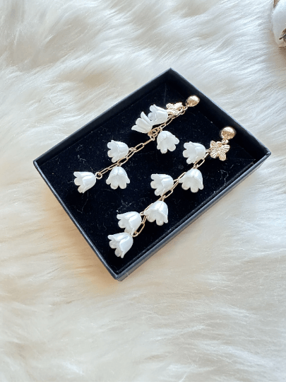 Lily of the valley flowers dangle earrings | texture petals embossed pearl | minimalist earrings | matte pastel colour floral earrings - TuttyKnitty