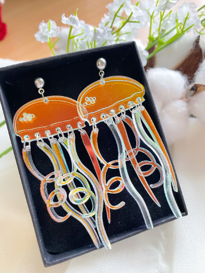 Jellyfish earrings | sea creature zoology earrings | colourful clear iridescent dangle oversize earrings | halgoram fun earrings - TuttyKnitty