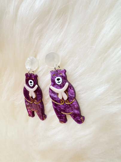 Purple bear acetate earrings | colourful glitter stud dangle | Kawaii drop sweet earrings | fun art acrylic earrings - TuttyKnitty