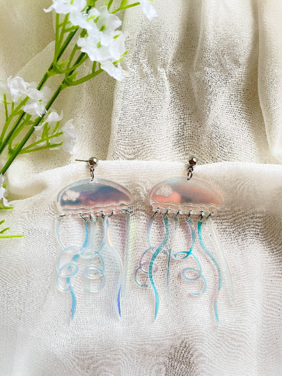 Jellyfish earrings | sea creature zoology earrings | colourful clear iridescent dangle oversize earrings | halgoram fun earrings - TuttyKnitty