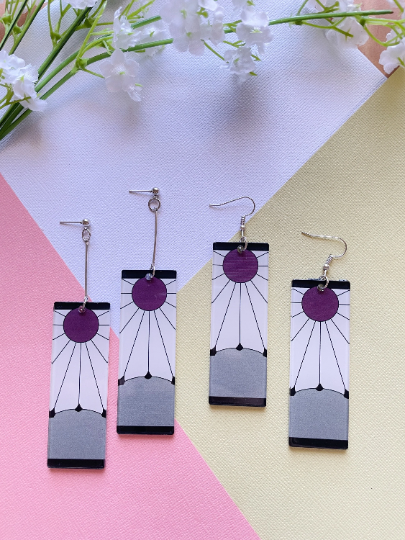 Silver rectangle shaped earrings with sun ray| japanese anime dangle earrings | oriental decor drop earrings| cute kawaii | demon - TuttyKnitty