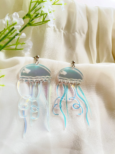 Jellyfish earrings | sea creature zoology earrings | colourful clear iridescent dangle oversize earrings | halgoram fun earrings - TuttyKnitty