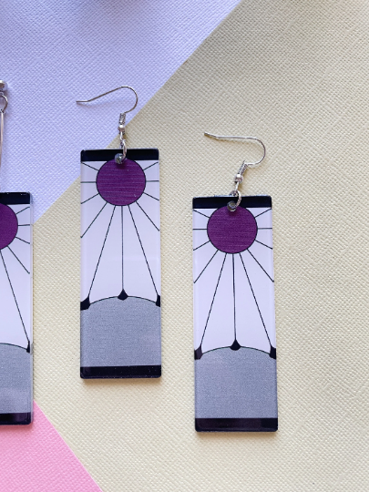 Silver rectangle shaped earrings with sun ray| japanese anime dangle earrings | oriental decor drop earrings| cute kawaii | demon - TuttyKnitty