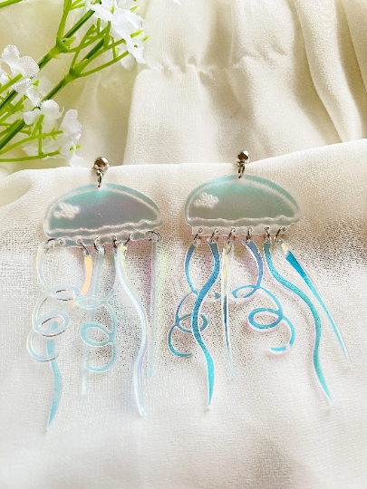 Jellyfish earrings | sea creature zoology earrings | colourful clear iridescent dangle oversize earrings | halgoram fun earrings - TuttyKnitty