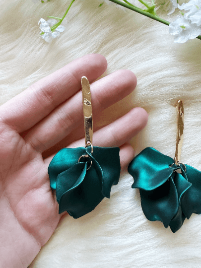 Emerald green iridescent flower earrings |dangly earrings | frosted petals hoop statement earrings | unique gold geometric floral earrings - TuttyKnitty