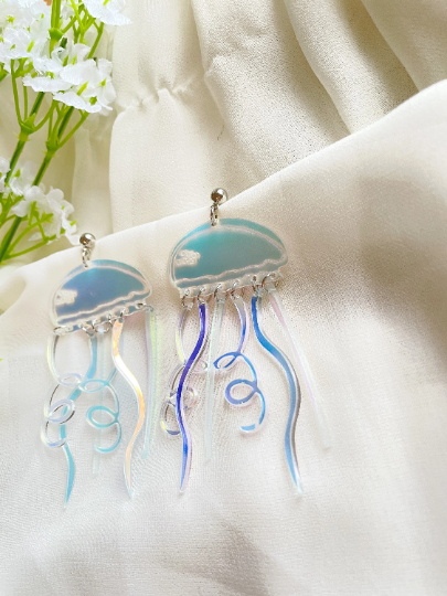 Jellyfish earrings | sea creature zoology earrings | colourful clear iridescent dangle oversize earrings | halgoram fun earrings - TuttyKnitty