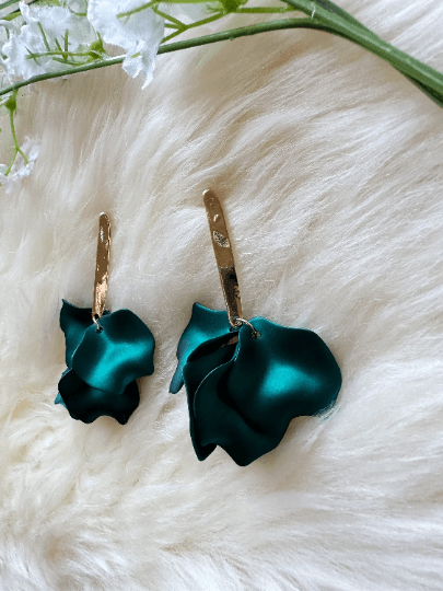 Emerald green iridescent flower earrings |dangly earrings | frosted petals hoop statement earrings | unique gold geometric floral earrings - TuttyKnitty