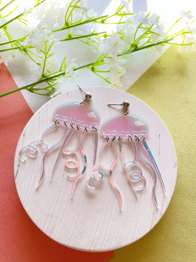 Jellyfish earrings | sea creature zoology earrings | colourful clear iridescent dangle oversize earrings | halgoram fun earrings - TuttyKnitty