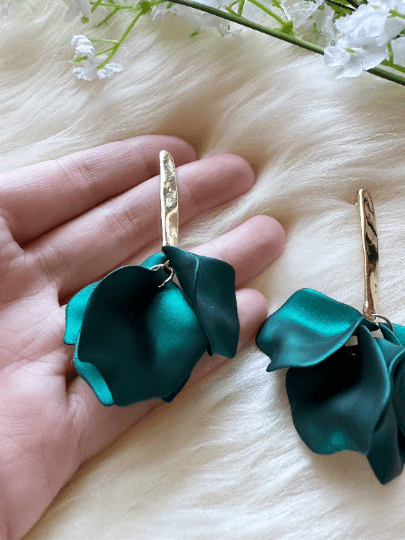 Emerald green iridescent flower earrings |dangly earrings | frosted petals hoop statement earrings | unique gold geometric floral earrings - TuttyKnitty