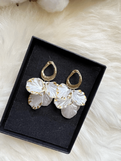 Colourful iridescent flower earrings | gold pearlescent shell petals dangle earrings |unique floral earrings | bridal party wedding earrings - TuttyKnitty