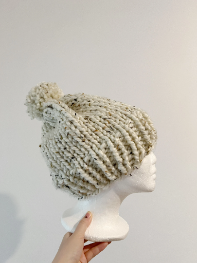 Super chunky pompom slouchy hat | knit winter beanie | cozy warm knit hat | oatmeal colour hat - TuttyKnitty