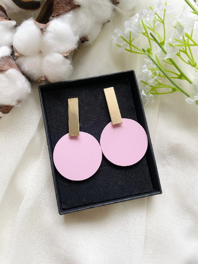 Disc shaped earrings | Matte effect golden bar earrings | pastel colour tone earrings| modern retro style tonal earrings| lightweight dangle