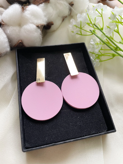 Disc shaped earrings | Matte effect golden bar earrings | pastel colour tone earrings| modern retro style tonal earrings| lightweight dangle - TuttyKnitty