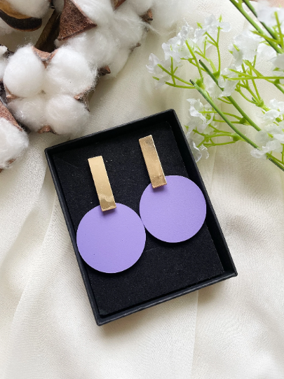 Disc shaped earrings | Matte effect golden bar earrings | pastel colour tone earrings| modern retro style tonal earrings| lightweight dangle - TuttyKnitty