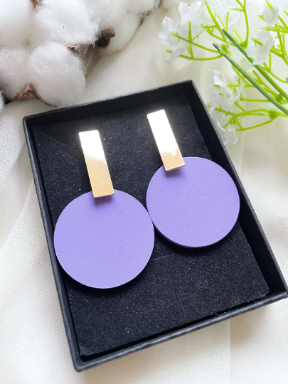 Disc shaped earrings | Matte effect golden bar earrings | pastel colour tone earrings| modern retro style tonal earrings| lightweight dangle - TuttyKnitty