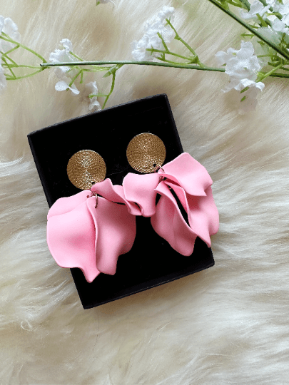 Sweet Pink hanging dangly bridal earrings frosted petals crumpled textured statement | golden geometric floral earrings | christmas - TuttyKnitty