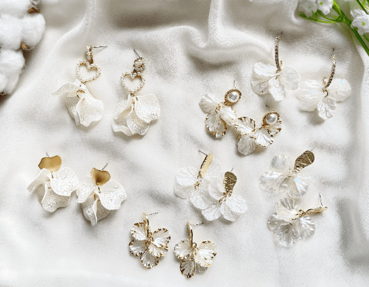 Gold and white frosted flower earrings earrings | baroque pearlescent shell petals earrings | spring floral earrings | bridal party wedding - TuttyKnitty