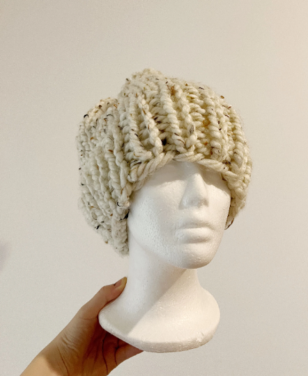 Super chunky pompom slouchy hat | knit winter beanie | cozy warm knit hat | oatmeal colour hat - TuttyKnitty