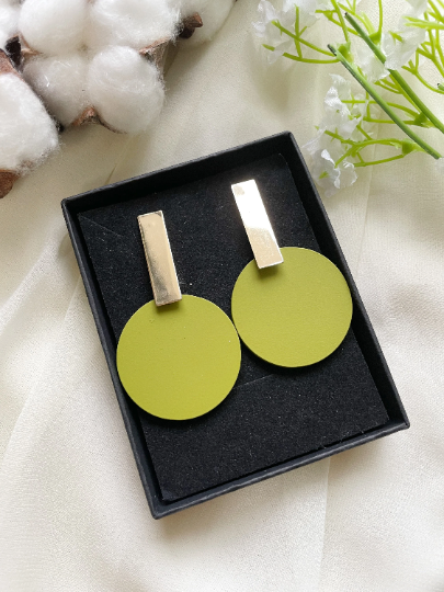 Disc shaped earrings | Matte effect golden bar earrings | pastel colour tone earrings| modern retro style tonal earrings| lightweight dangle - TuttyKnitty